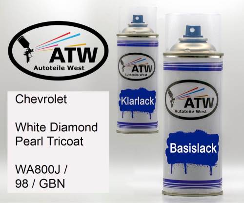 Chevrolet, White Diamond Pearl Tricoat, WA800J / 98 / GBN: 400ml Sprühdose + 400ml Klarlack - Set, von ATW Autoteile West.
